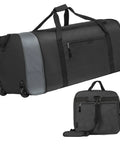 Duffel bag: large black rolling bag with gray end panel and two wheels; includes a small carry bag.
