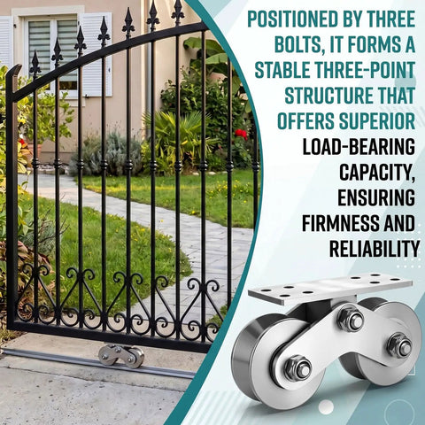 Built Tough Heavy Duty V Shaped Groove Wheel Sliding Gate Casters With Double Bearings And Detachable Brackets For Inverted Tracks and Rolling Door Smooth Rollin Replacement Setup Kit with three-point support structure.