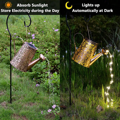 Solar Watering Can Lights Outdoor Garden Decor Large Waterproof Cascading LED Hanging Lights With Copper Wire glowing at night