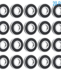 Front view of 20 deep groove ball bearings, 8×16×5 mm, chrome steel with black rubber seals