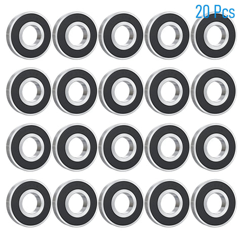 Front view of 20 deep groove ball bearings, 8×16×5 mm, chrome steel with black rubber seals