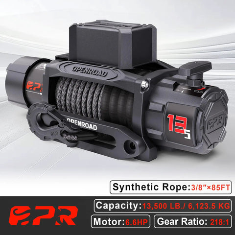 Beefed Up 13500 Lb Wireless Recovery Winch With 3/8 Inch 85 Ft Synthetic Rope For Jeep SUV Truck And Trailer IP68 Waterproof 12V Electric Winch Panther Series 3S With Two Remotes, front view