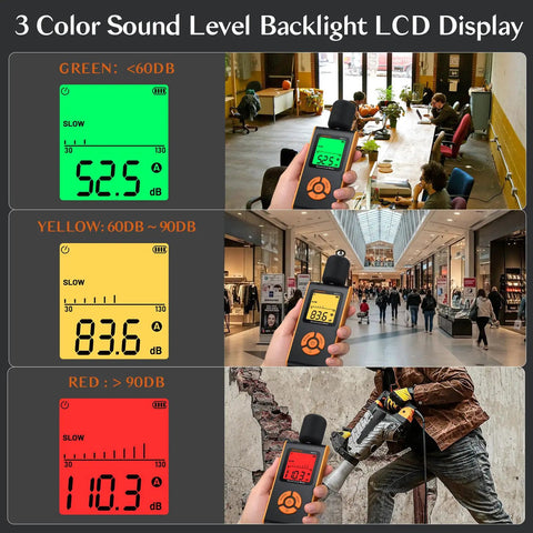 Your Go To Portable Sound Level Meter With A Weighted Measurement And Fast And Slow Response For 30 To 130 Decibels, Backlit LCD, Real Time Readout, High Accuracy, Ideal For Home Office School And Factory, handheld size in use