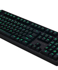 Premium Red Mechanical Gaming Keyboard Displaying Bold Per Key Full RGB Color Backlight And Responsive Keys, angled view.