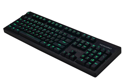 Premium Red Mechanical Gaming Keyboard Displaying Bold Per Key Full RGB Color Backlight And Responsive Keys, angled view.
