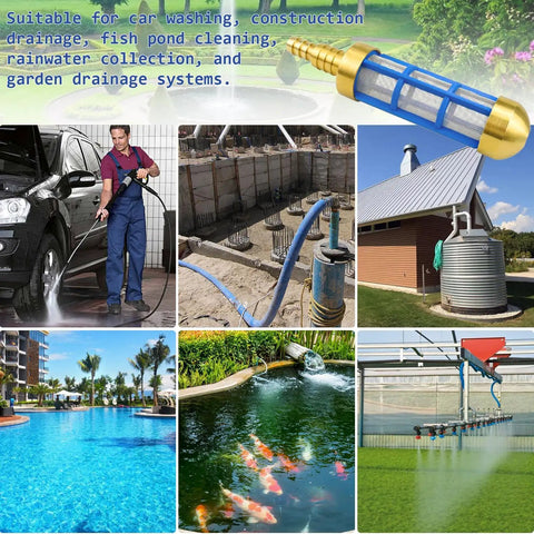 Brass Pressure Washer Inlet Filter For Three Quarter Inch Hoses Water Suction Strainer Keeps Debris Out Of Pump RustProof Stainless Mesh With Nylon Frame Connection From Water Tank To Suction Hose shown with various water applications like car washing, construction, and drainage systems.
