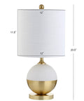 White And Brass Gold Ceramic Table Lamp With White Linen Drum Shade, Sleek Modern Glam Nightstand Light, Front View