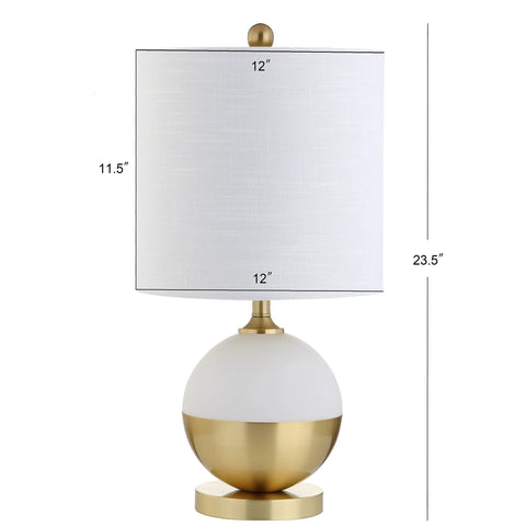 White And Brass Gold Ceramic Table Lamp With White Linen Drum Shade, Sleek Modern Glam Nightstand Light, Front View