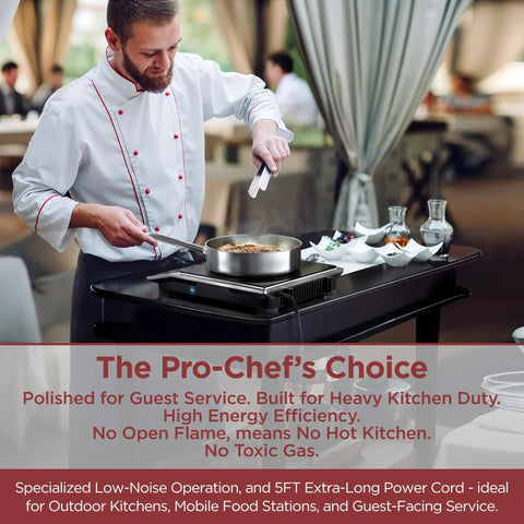 Chef using Induction Cooktop Pro Grade 1800W Commercial Burner With Premium Glass And Large Heating Coil NSF Certified Chef Edition for precise cooking