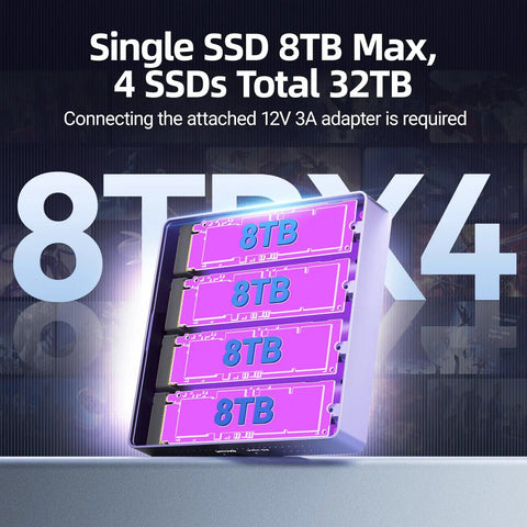 Badass 4 Bay NVMe RAID Enclosure With Turbo Cooling Fan showcasing four 8TB SSDs in a sleek chassis for high-capacity storage.