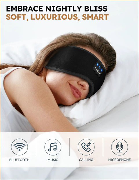 Bluetooth Sleep Headband With Built-In HD Speakers And Eye Mask on woman sleeping, wireless earbuds for side sleepers 5.4 tech