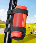 Rugged Portable Speaker Mount With Waterproof Strap for Bluetooth Speakers on golf cart, black adjustable straps on rail.