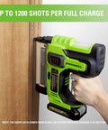 Person using 24V 18-Gauge Brushless Cordless AirStrike Brad Nailer Kit With USB Power Bank Battery on wood surface