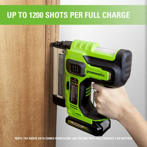 Person using 24V 18-Gauge Brushless Cordless AirStrike Brad Nailer Kit With USB Power Bank Battery on wood surface