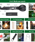 8 in 1 Multi-use spork with knife, bottle opener, and fire starter with flint stone, emergency blanket, wire saw, and more.