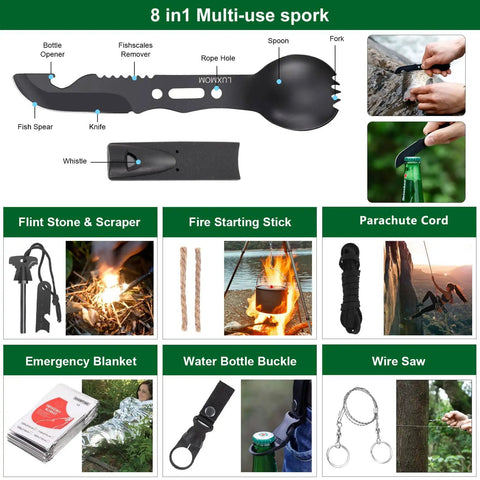 8 in 1 Multi-use spork with knife, bottle opener, and fire starter with flint stone, emergency blanket, wire saw, and more.