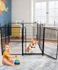 Indoor setup of Outdoor Dog Fence For Yard And Garden, 48 Inch High, 8 Panels Spanning 17.7 Feet, with toddler and dog inside.