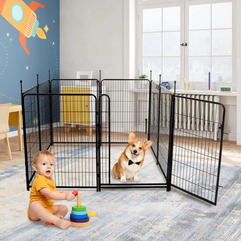 Indoor setup of Outdoor Dog Fence For Yard And Garden, 48 Inch High, 8 Panels Spanning 17.7 Feet, with toddler and dog inside.