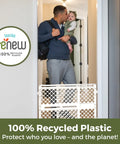 Recycled Plastic Baby Gate Pressure Mounted Doorway Safety Barrier Indoor Outdoor Use No Hassle Setup Keeps Tiny Humans Secure Easy Install Pure White Eco Friendly Non Toxic Build Holds Firm Through Daily Chaos Smooth Sailing in use with parent and baby.