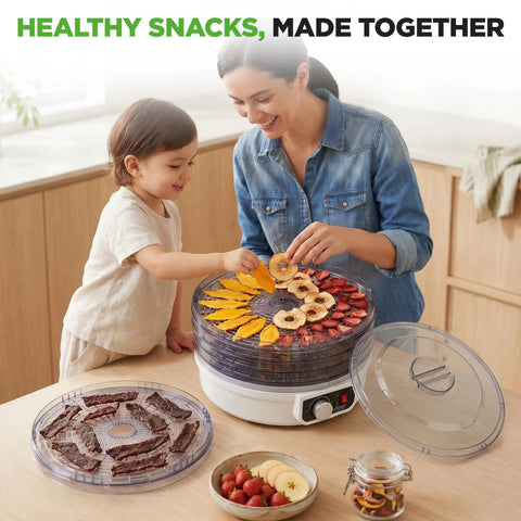 Mom and child using Slick Electric Countertop Food Dehydrator With Five Stackable Trays for healthy snacks production.