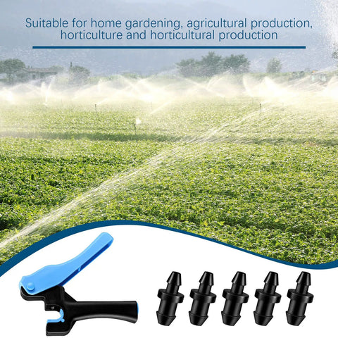 Drip Irrigation Hole Punch Tool Set With Fifty Goof Plugs And One Punch Tool For DIYers in a lush green garden backdrop