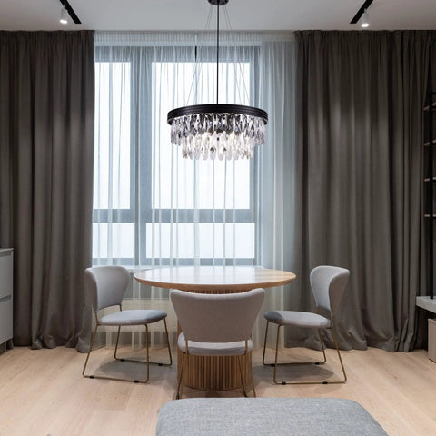 Bold Black Drum Polygon Crystal Chandelier, 4 Light Modern Ceiling Fixture With Sleek Matte Black Finish in dining room