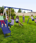 Children playing on Arcadia Metal Swing Set For Kids With Trapeze And Two Person Glider, Five Foot Wave Slide, in backyard