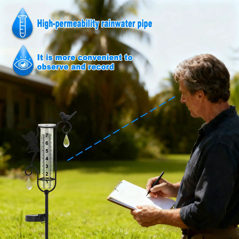 Man observing Solar Powered Glass Weather Station Rain Gauge Garden Stake With Freeze Proof Design Fairy Garden Decor