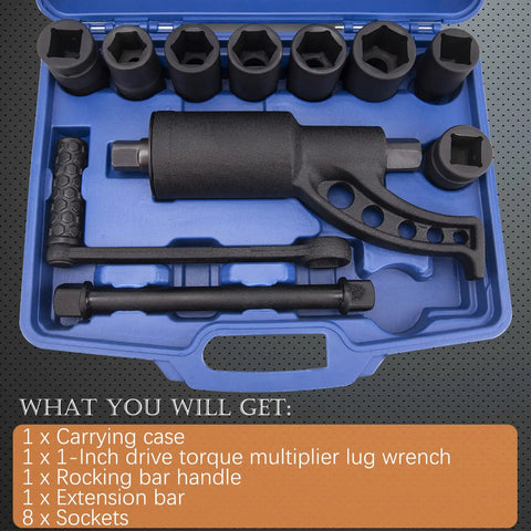 Heavy Duty Torque Multiplier Wrench Set With 1 Inch Drive And 8 CR-V Sockets in carrying case