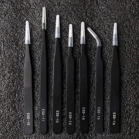Pro Grade ESD Safe Tweezers Set, 7 Piece Stainless Steel Anti Static Precision Tweezers For Electronics, Jewelry, Lab