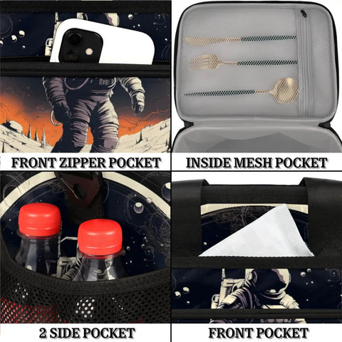 Insulated Picnic Backpack With Lunch Box for Women and Men, featuring front zipper and inside mesh pockets, astronaut design.