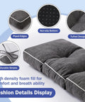 42 Inch By 16 Inch Bench Cushion With Durable Ties Cozy Memory Foam Comfort Non Slip Bottom For Indoor Outdoor Patio Seating Dark Grey Great For Kitchen And Dining Benches Or Window Seats close-up of cushion details with piped edges and tufted design.