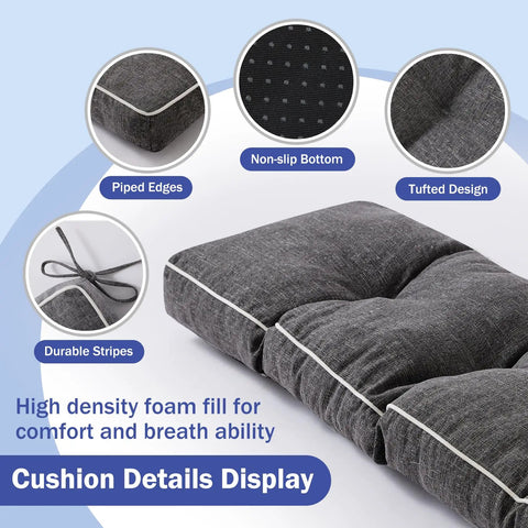 42 Inch By 16 Inch Bench Cushion With Durable Ties Cozy Memory Foam Comfort Non Slip Bottom For Indoor Outdoor Patio Seating Dark Grey Great For Kitchen And Dining Benches Or Window Seats close-up of cushion details with piped edges and tufted design.