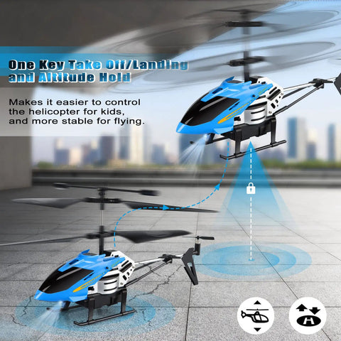 Remote Control Helicopter Toy With One Key Takeoff And Landing Auto Hover LED Lights shown in mid-flight, blue city background