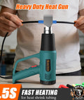Person using Dual Temp Heat Gun With 572F And 1112F Settings on heat shrink tubing, featuring four nozzles and ten foot cord.