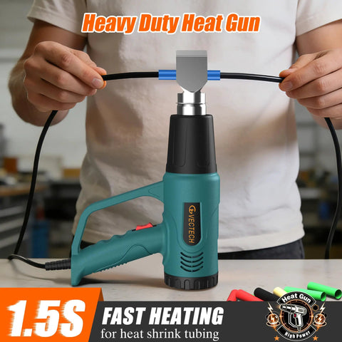 Person using Dual Temp Heat Gun With 572F And 1112F Settings on heat shrink tubing, featuring four nozzles and ten foot cord.