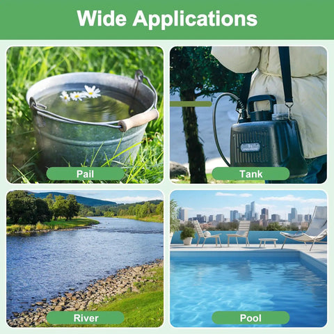 Battery Powered Sprayer Wand With Telescopic 16.4Ft Hose showing pail, tank, river, and pool usage for versatile garden care