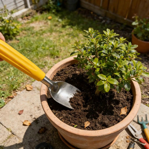 Nine Inch Serrated Edge Weeding Trowel With Stainless Steel Blade And Comfy Grip Handle loosening soil in potted plant
