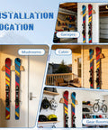 Killer Horizontal Solid Wood Ski Rack Wall Mount With Heavy Duty Build And Slick Natural Finish For Garage Home Or Cabin Display Of Mountain Touring And Vintage Skis In Medium Size installed in mudroom and garage settings.