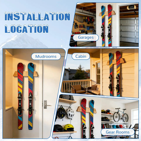 Killer Horizontal Solid Wood Ski Rack Wall Mount With Heavy Duty Build And Slick Natural Finish For Garage Home Or Cabin Display Of Mountain Touring And Vintage Skis In Medium Size installed in mudroom and garage settings.