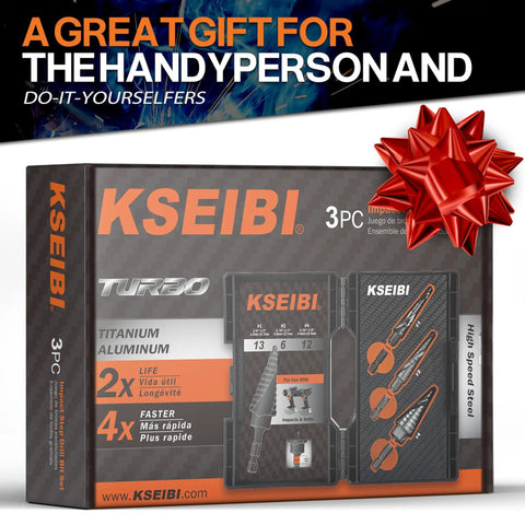 Unibit 3 Piece High Speed Steel Step Drill Bit Set For Stainless Steel Aluminum And Wood Jam Free Performance Dual Flute Design Delivers Faster Hole Times Longer Bit Life And More Holes Per Charge KSEIBI in packaging with bow