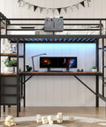 Solid Twin Loft Bed Setup With L Shaped Desk And Warm LED Lights, Heavy Duty Metal Frame With Fast Charge Port, Ample Storage Shelves, Cozy Fabric Drawers, Safe Railing, Sturdy Ladder, Vintage Brown Finish featuring a workspace and RGB lighting.