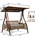 Patio Porch Swing Chair For Two With Canopy Handwoven Wicker Outdoor Glider With Solar LED Light Cushions, dimensions labeled