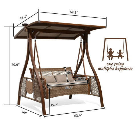 Patio Porch Swing Chair For Two With Canopy Handwoven Wicker Outdoor Glider With Solar LED Light Cushions, dimensions labeled