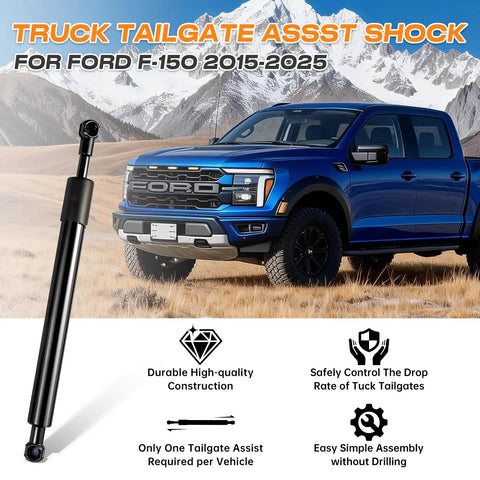 Ford F150 Tailgate Assist Shock Kit With Slow Down Damper displayed with blue Ford F-150 2015-2025 in mountain backdrop