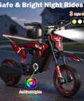 Kids Electric Dirt Bike With 700W Peak Power And Three Speed Modes Rides Up To 15.5 MPH On Mixed Terrain For Real Dirt Bike Feel And About 13.7 Mile Range In Bright Red with LED lights