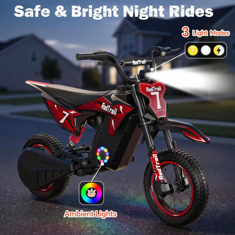 Kids Electric Dirt Bike With 700W Peak Power And Three Speed Modes Rides Up To 15.5 MPH On Mixed Terrain For Real Dirt Bike Feel And About 13.7 Mile Range In Bright Red with LED lights