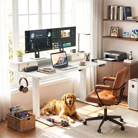 Solid Build Electric Standing Desk With 55x26 Inch Adjustable Height And Clean White Finish Offering Smooth Glide Operation For Ergonomic Monitor Riser Plus Built Drawers Keeping Your Pro Home Office Setup Zero Clutter And Ready To Crush The Daily Grind in a well-lit home office with a golden retriever.