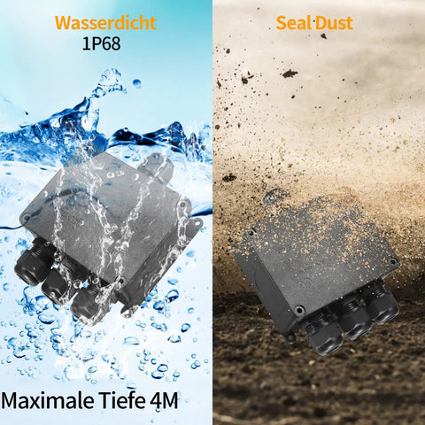 Outdoor IP68 Waterproof 4-Way Junction Box Enclosure built tough for underground wiring shown in water and dust conditions.