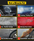 Various car damages like scuffs, peeling paint, sun damage, and rust not fixable by Scratch Repair And Swirl Remover Kit For Cars And Trucks With Buffer Pad And Polishing Compound Eight Point Four Fluid Ounces Car Paint Restorer Waxing And Shine Kit Professional Grade Formula For Quick Results And A Slick Shine